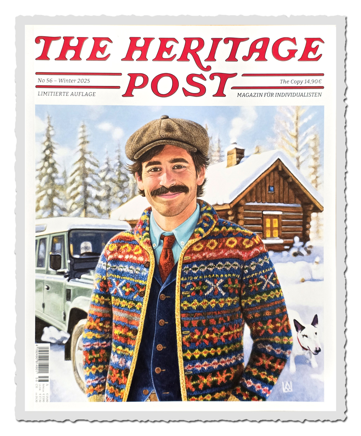 Herren-Magazin The Heritage Post Ausgabe 56 – Wintertitel mit Mann im bunten Strickcardigan vor Holzhütte im Schnee